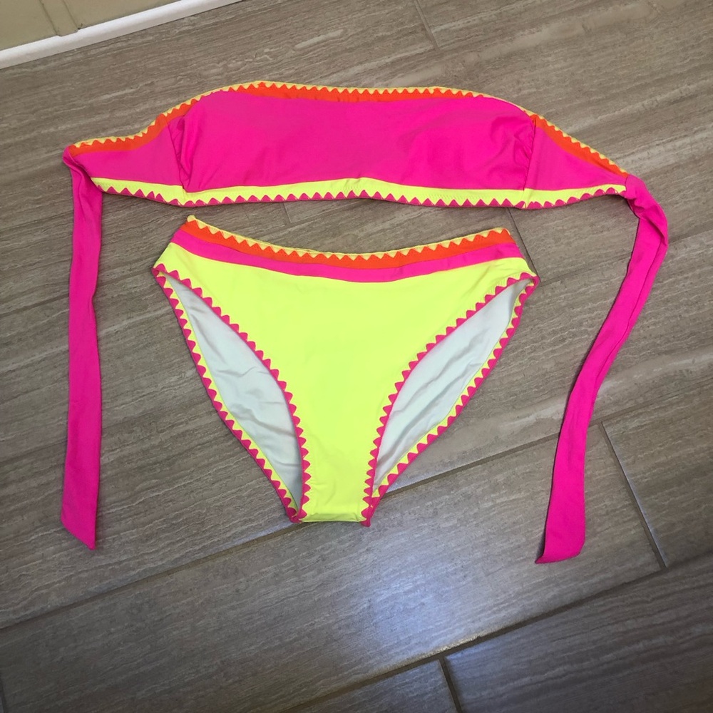 NWT Popvil Women’s Neon Color Block pink/yellow Two-Piece Strapless Bikini Sz L